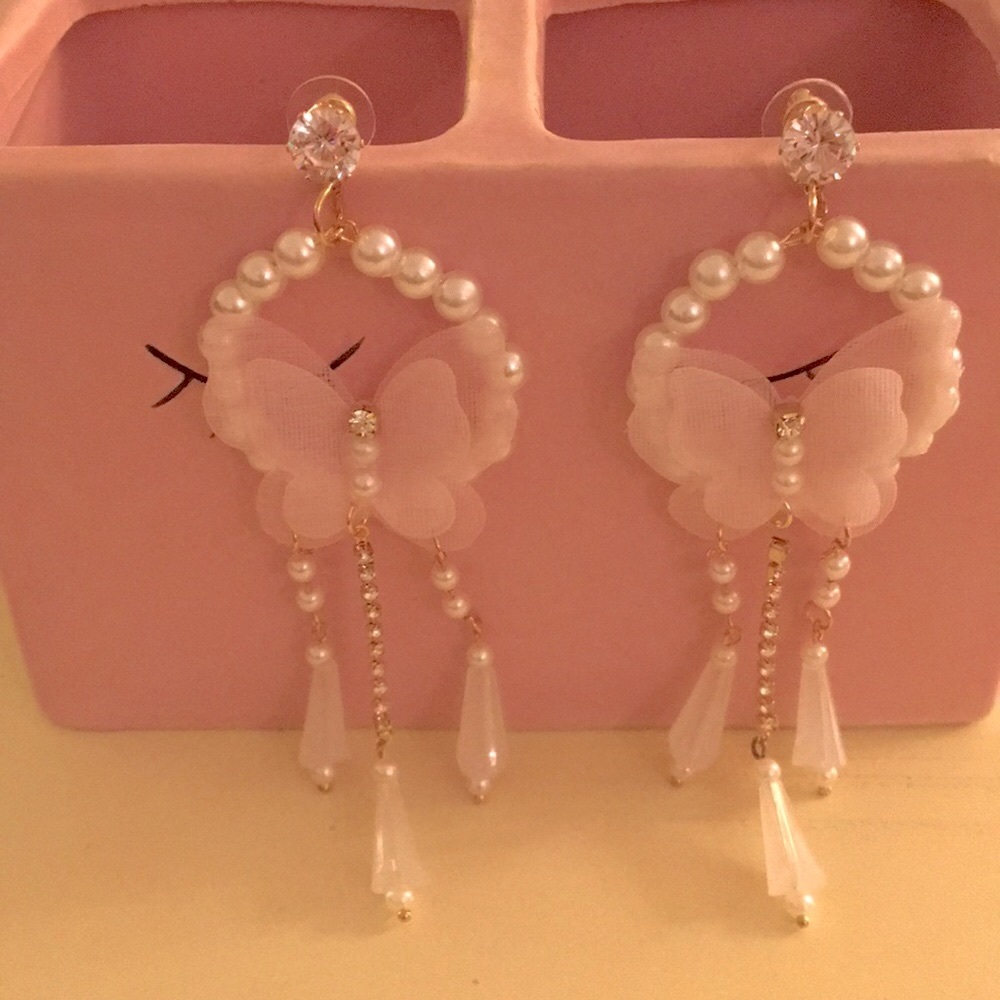 Pink Butterfly + Crystal Pearl Boho Drop Statement Earrings - Picture 2 of 11